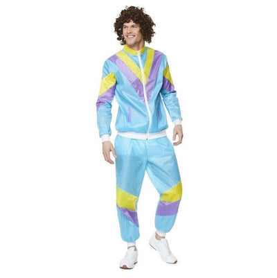 Blue 80s costume featuring a stand-up collar and side pockets