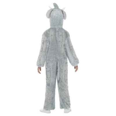 A child wearing a plush gray animal costume, shown from the back against a plain white background.