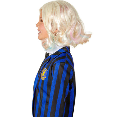  A long black wig with braids and a center part 