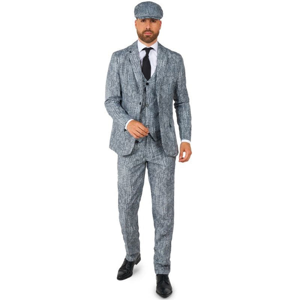 A vintage-inspired 1920's gangster grey suit with pinstripes and matching pants