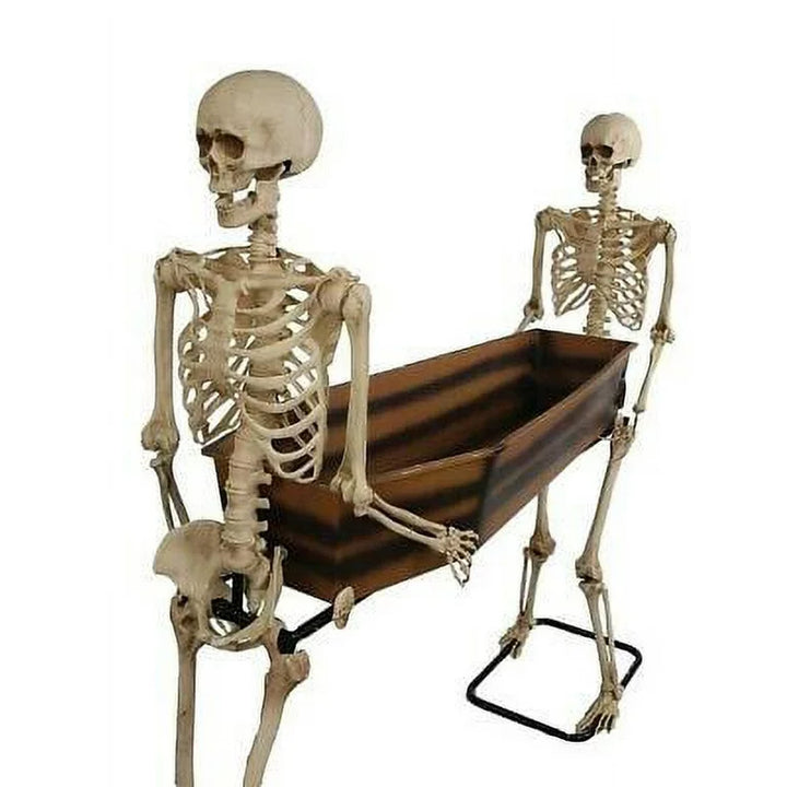 Creepy poseable skeleton holding coffin for Halloween party decor