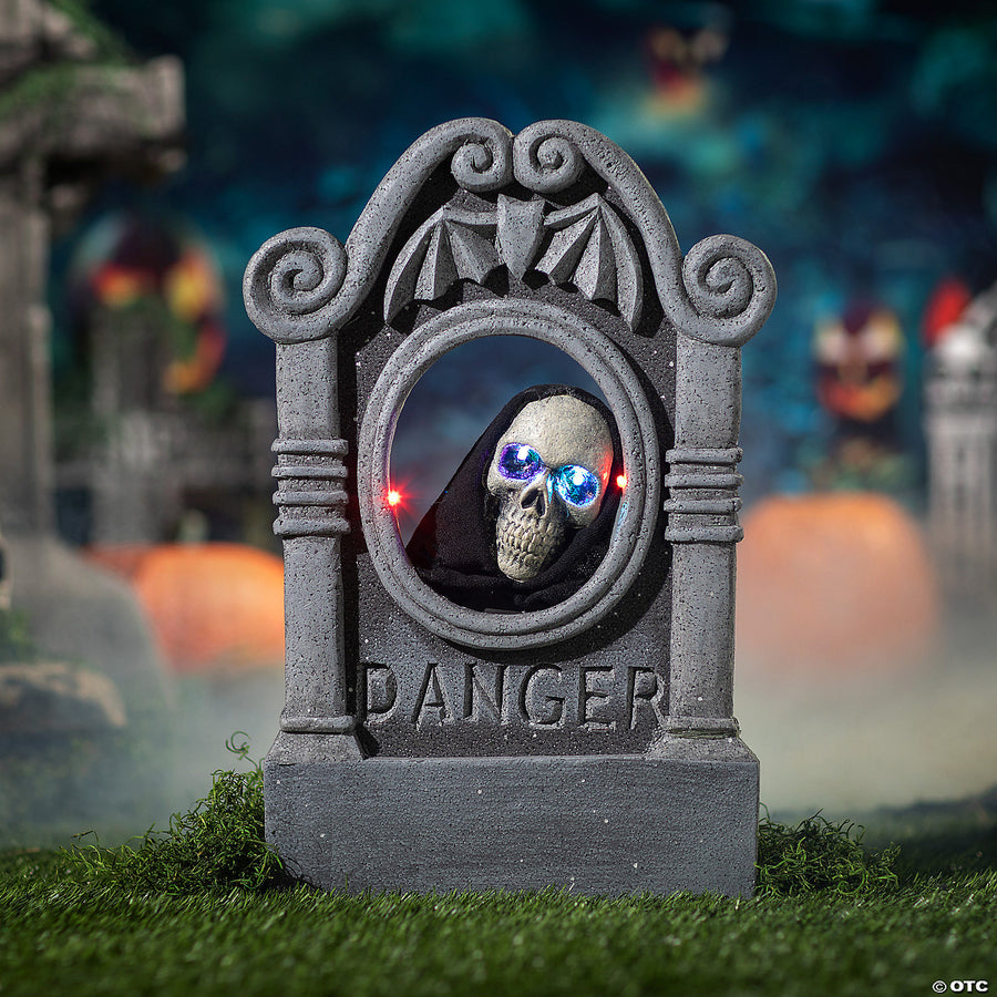 Spooky 22 Grey Tombstone with Light-Up Moving Skeleton Head for Halloween Decorations in Haunted House