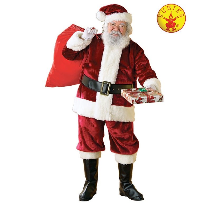 Alt text: Santa Suit Deluxe Size XL, a red and white plush costume with fur trim and matching hat, perfect for spreading holiday cheer