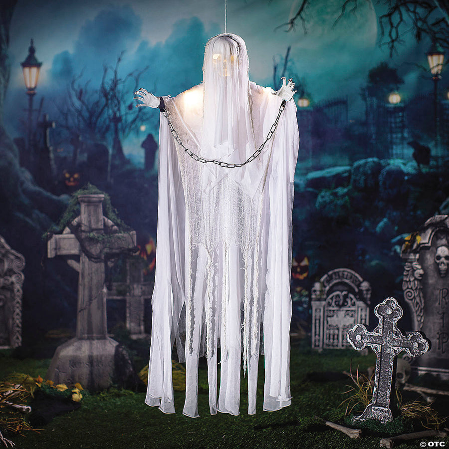 5ft Hanging White Grim Reaper with Scythe Halloween Decoration in Dark Room