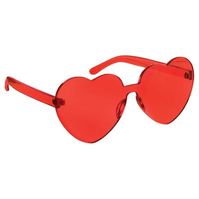 Red plastic heart shaped frameless glasses with transparent lenses for trendy fashion