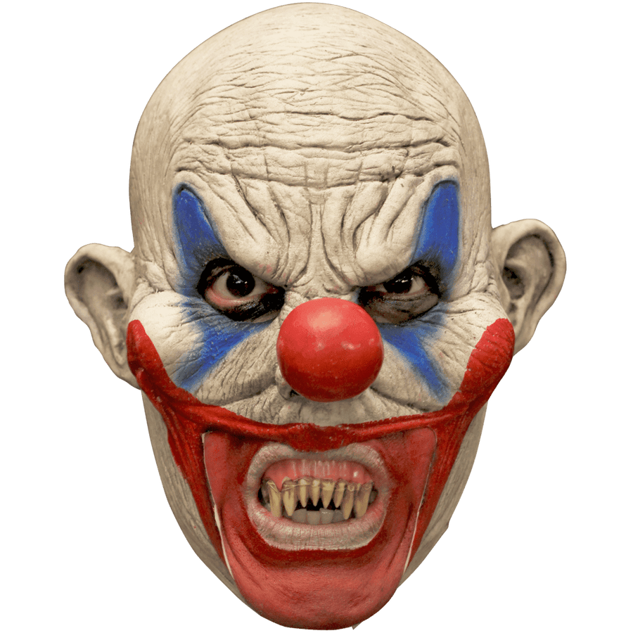 Alt text: Creepy Clooney Chinless Clown Mask with realistic features and eerie smile