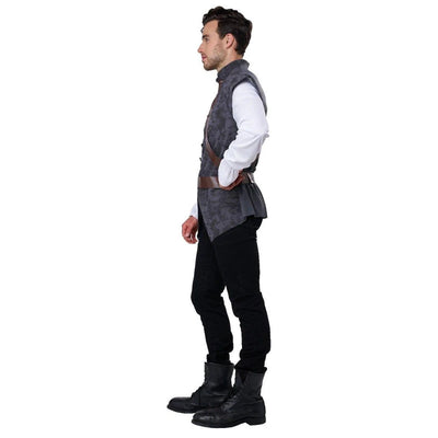 A man shown in profile wearing a medieval-style costume consisting of a gray textured vest over a white long-sleeve shirt, black pants, and black boots, against a plain white background.