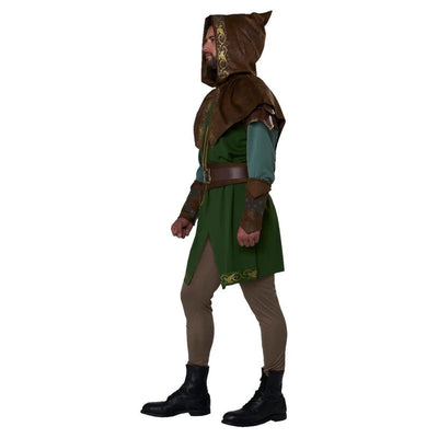 A man wearing a medieval hooded ranger costume, shown from the side against a plain white background. The costume features a brown hood with a face cutout, a green tunic, brown faux-leather shoulder pieces, a brown belt, and brown pants, finished with black boots.