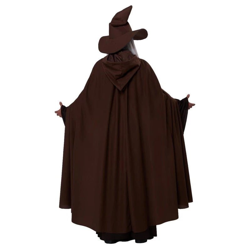 A person wearing a dark brown wizard costume with a pointed hat, shown from the back against a plain white background.