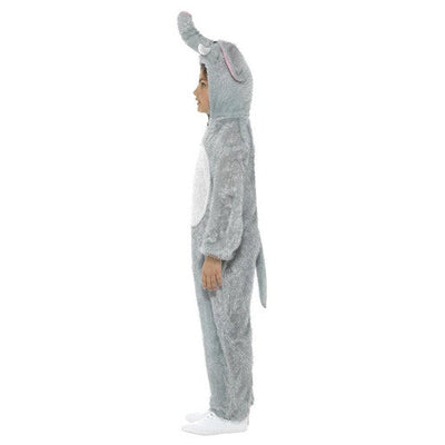 A child wearing a plush gray animal costume with a long trunk, floppy ears, and a tail, shown in side profile against a plain white background.
