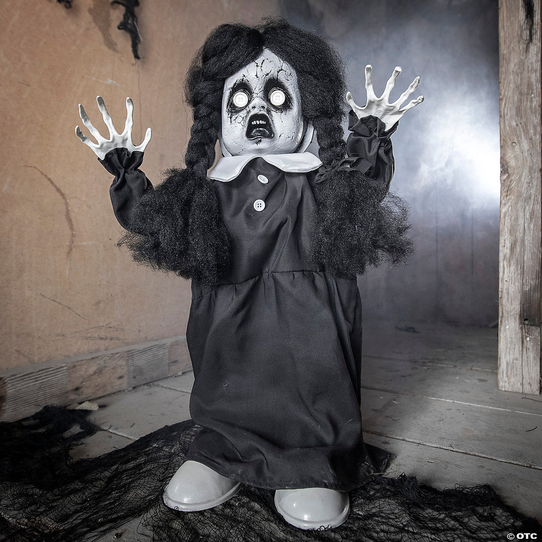 3 Ft Black and White Scary Girl Animated Prop with Glowing Eyes and Creepy Sound Effects