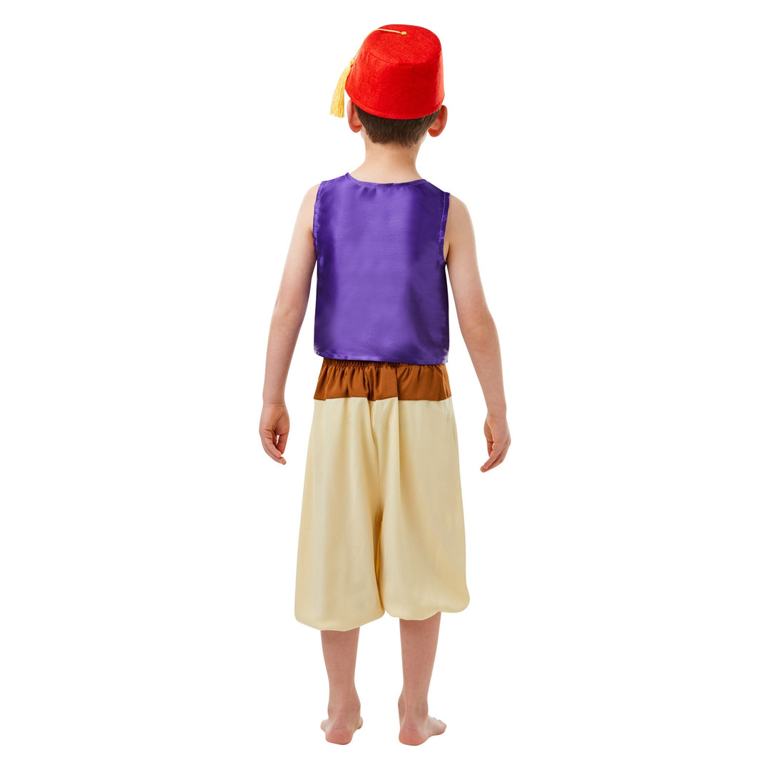 Child's Aladdin costume with purple vest, white pants, and hat for play