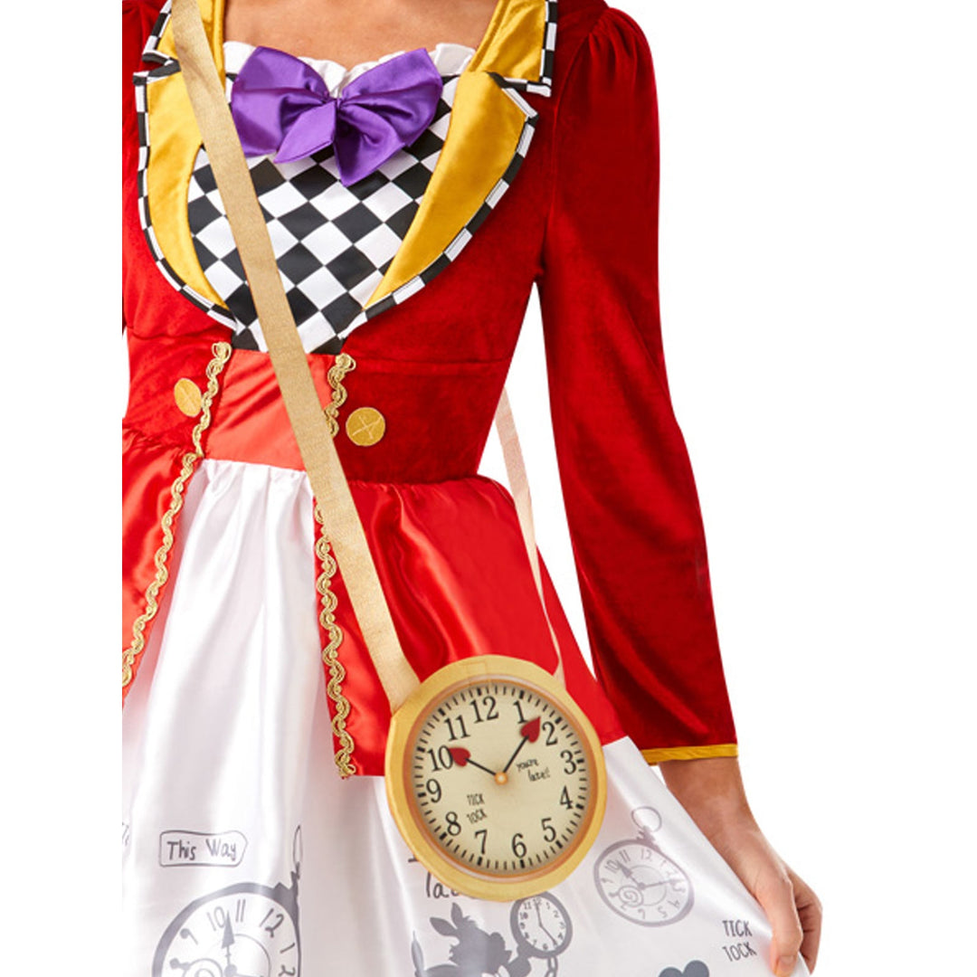  Gorgeous White Rabbit Alice In Wonderland Ladies Costume for Adults, includes blue dress with attached tail, rabbit ears headband, and wrist cuffs