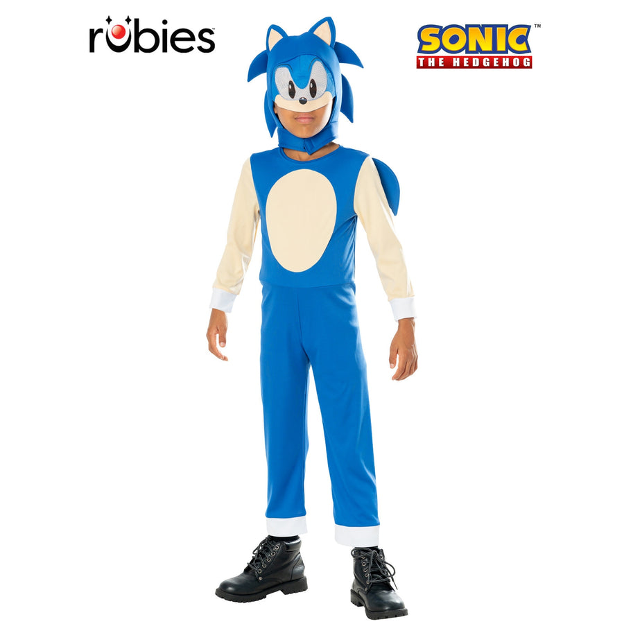 Child wearing a Sonic The Hedgehog costume, featuring blue jumpsuit and mask