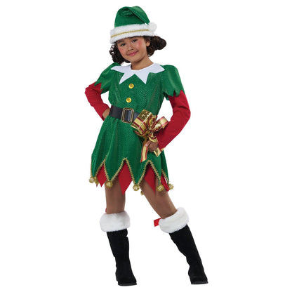 Adorable child wearing a festive Christmas outfit and smiling with joy