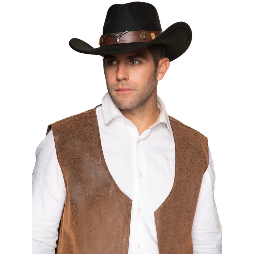 Cowboy Hat with Bull Horns and Faux Leather Band