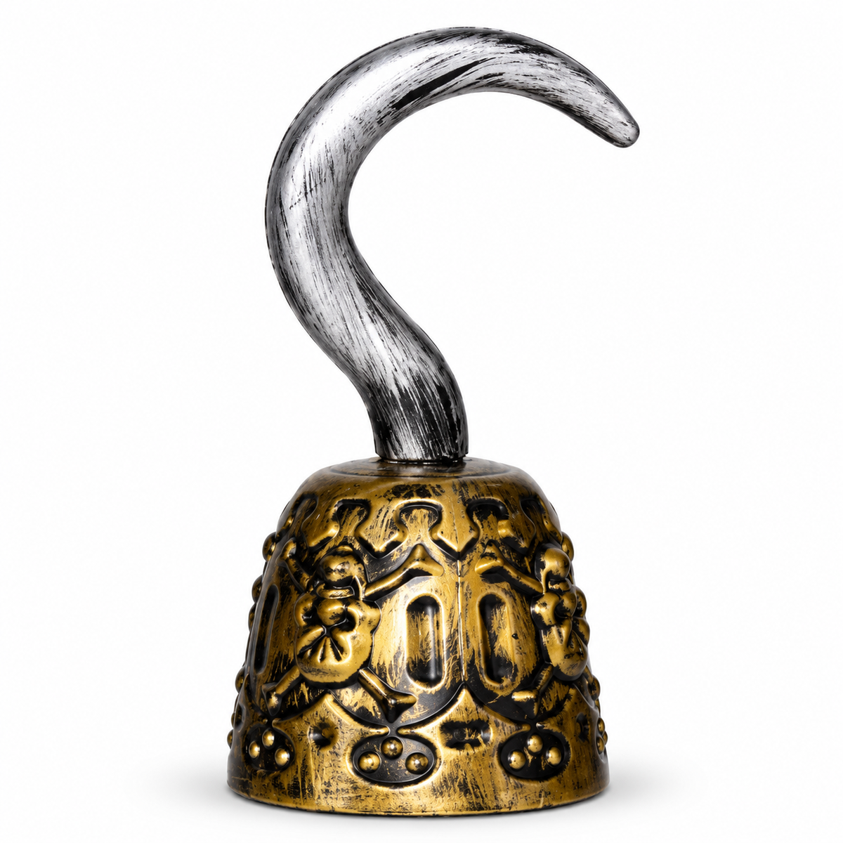 A pirate hook bell with a curved silver hook on a textured gold-toned bell featuring embossed skull and floral designs, set against a plain white background.