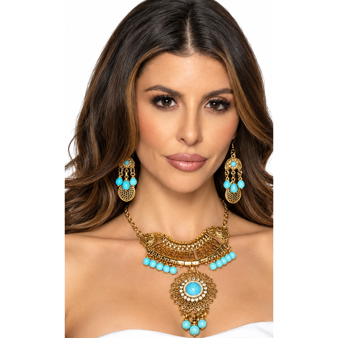 Turquoise & Gold Costume Necklace & Earring Set