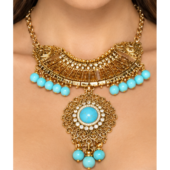 Turquoise & Gold Costume Necklace & Earring Set