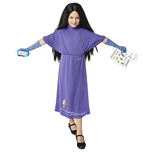 Three girls wearing Roald Dahl Grand High Witch costumes with pointy hats and long black dresses at a Halloween party