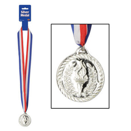 Shiny silver plastic sports medal with red and white ribbon