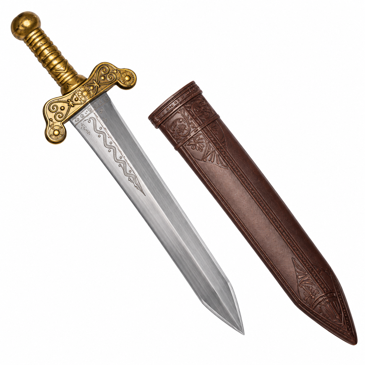 A decorative medieval-style sword with an ornate gold-colored hilt and a silver-gray blade, shown alongside its brown leather sheath on a plain white background.
