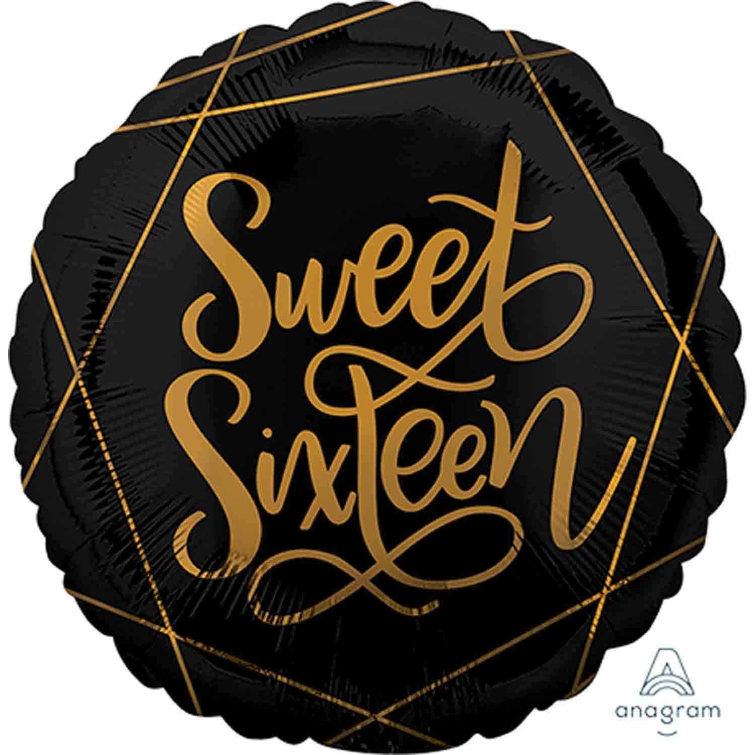 Sweet Sixteen Black & Gold Round Foil Balloon 45cm
