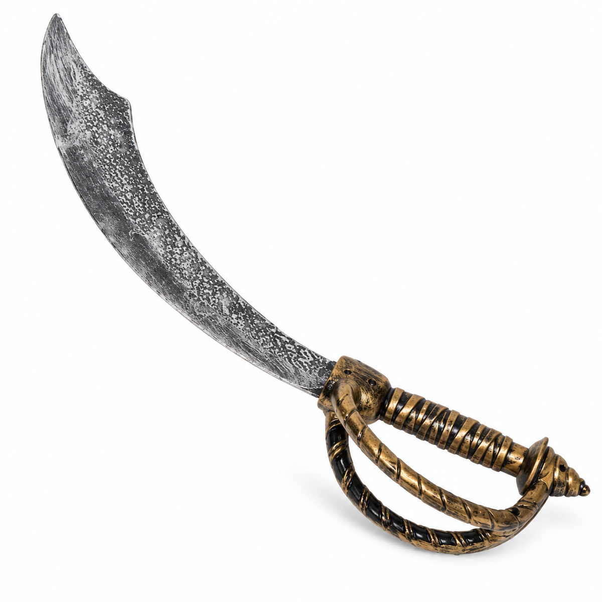 A toy pirate cutlass sword with a textured silver blade and an ornate gold hilt, shown on a plain white background.