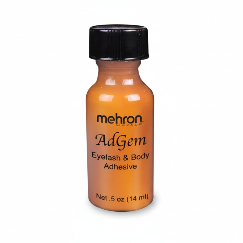 Bottle of mehron AdGem Eyelash & Body Adhesive on a white background