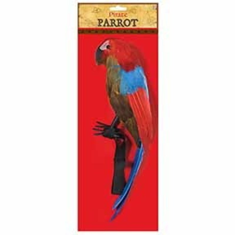 Colorful Feather Pirate Parrot perched on a wooden pirate ship mast