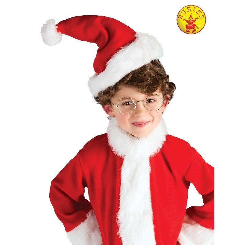 A close-up image of a child wearing red Santa glasses, looking festive and happy