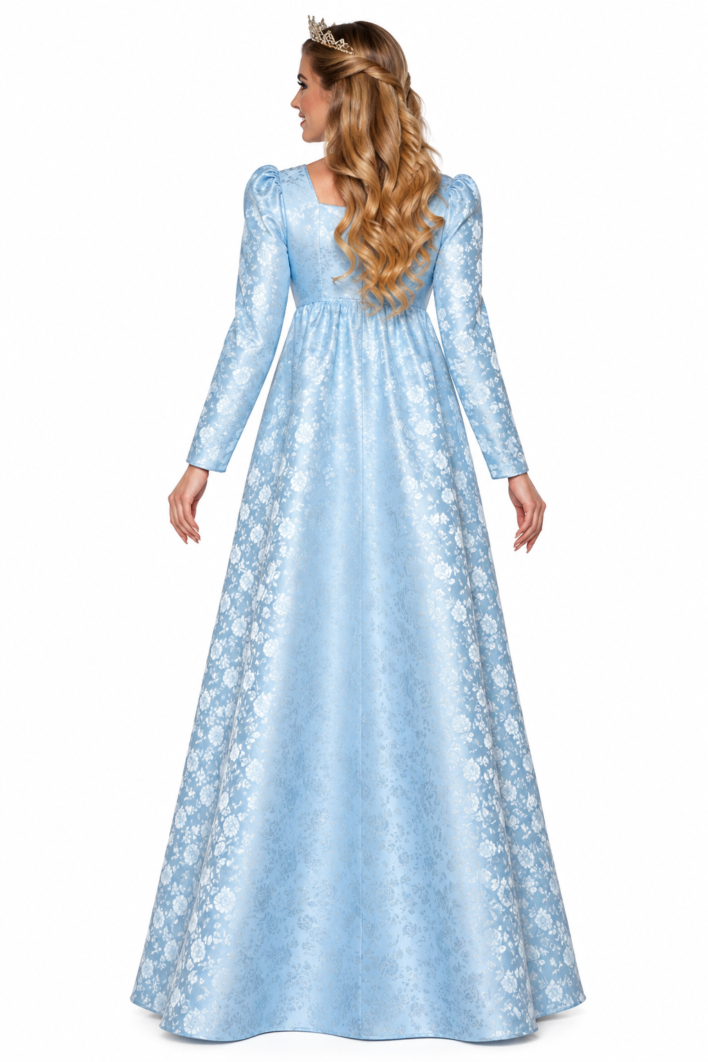 A woman modeling a long light blue gown with a white floral pattern, shown from the back against a plain white background.