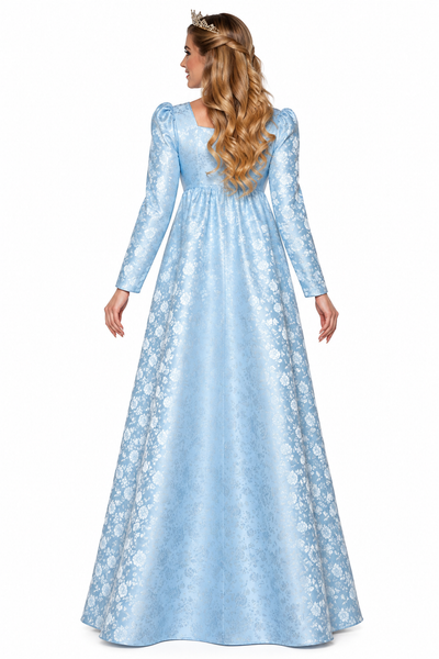 A woman modeling a long light blue gown with a white floral pattern, shown from the back against a plain white background.