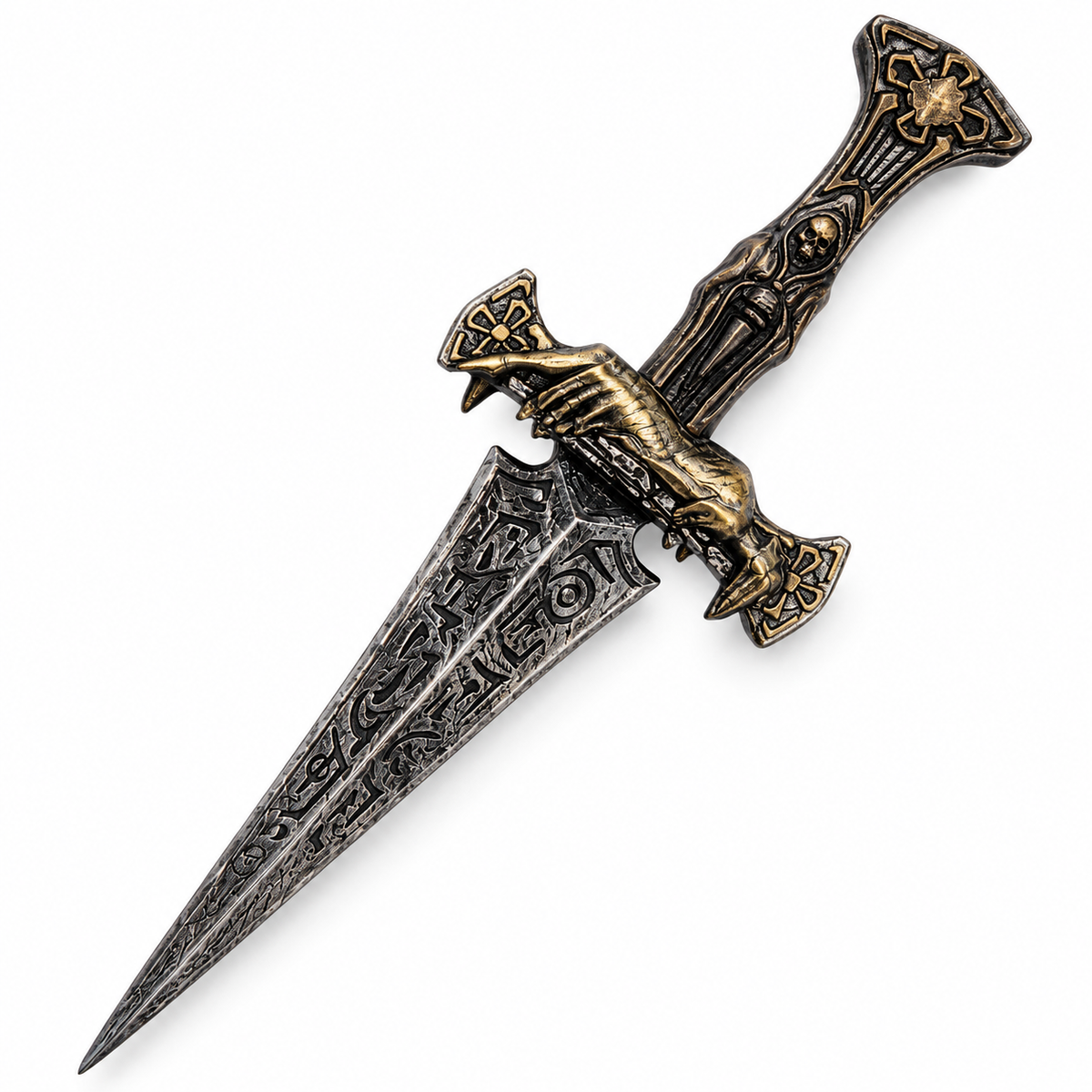 An ornate fantasy dagger with a textured silver-gray blade featuring dark engravings, a hilt and pommel in antique gold-toned metal, and a sculpted hand gripping the crossguard, shown on a plain white background.