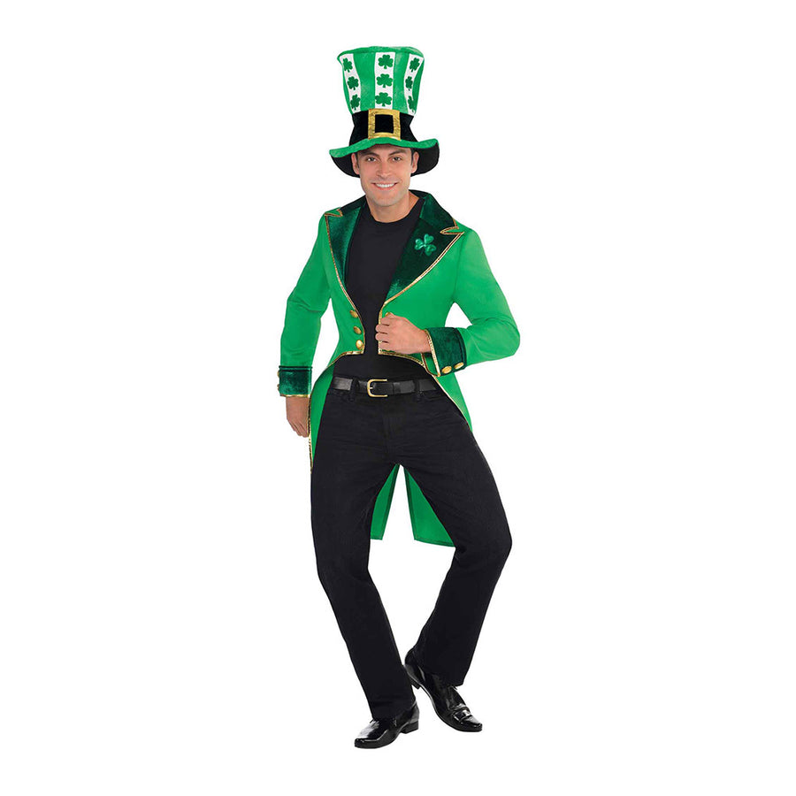 St Patrick's Day Leprechaun Tailcoat Adult Costume, green velvet jacket with gold trim and shamrock details