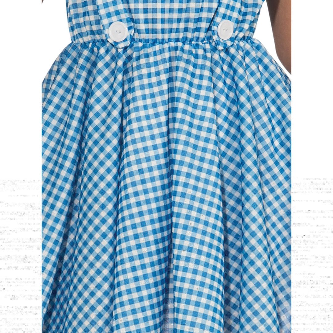  Women's Dorothy classic costume size M with blue and white checkered dress, white apron, and red hair bows, ideal for Halloween or theatrical productions