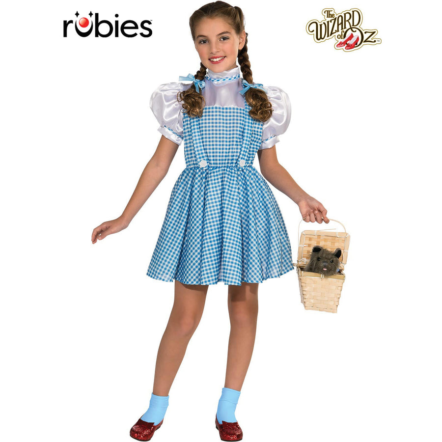 Dorothy Classic Costume Size M in blue and white gingham pattern with white apron and red glittery shoes for Halloween or dress-up parties