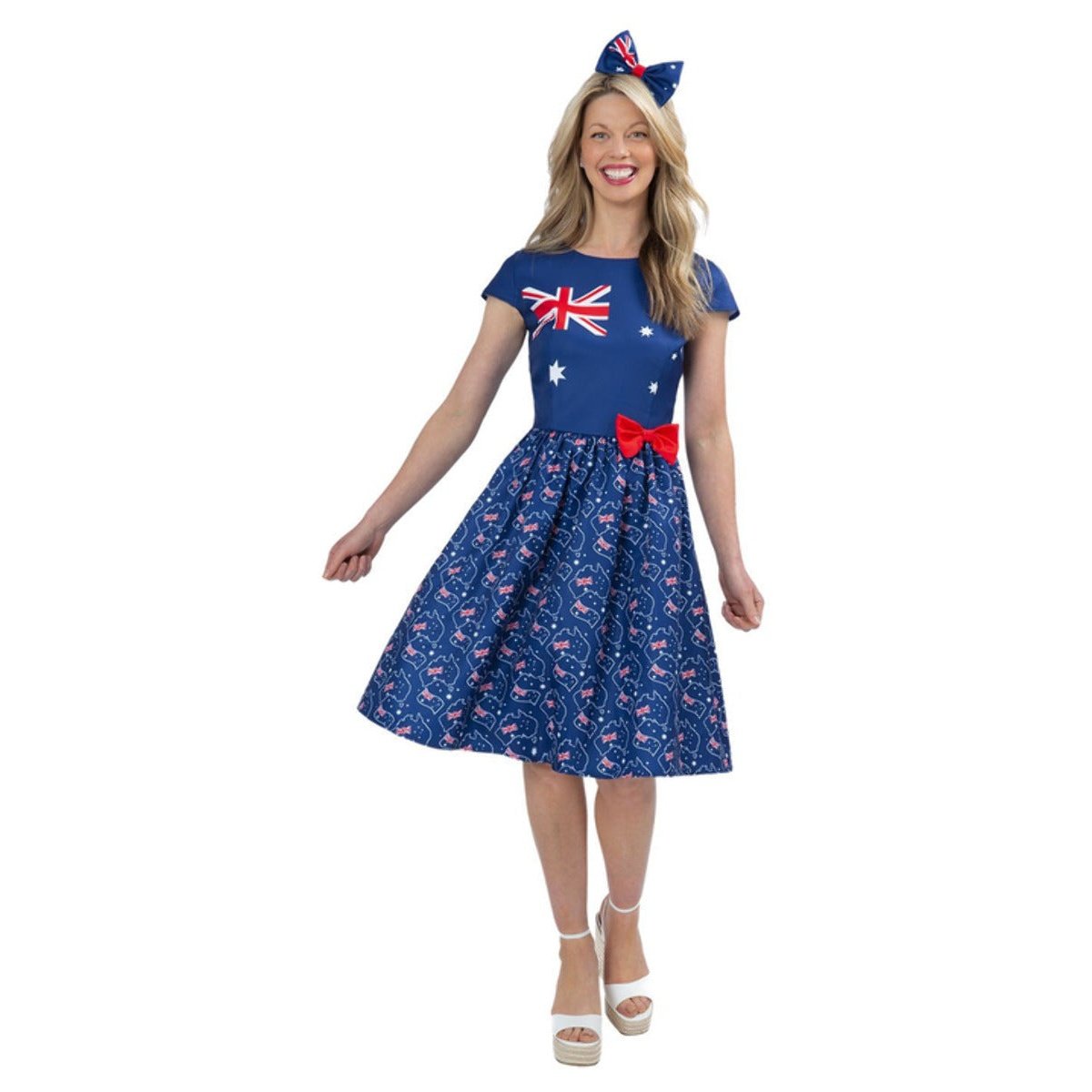 Ladies Australia Flag Dress in red, white, and blue with a flattering A-line silhouette and adjustable spaghetti straps for a comfortable and stylish fit