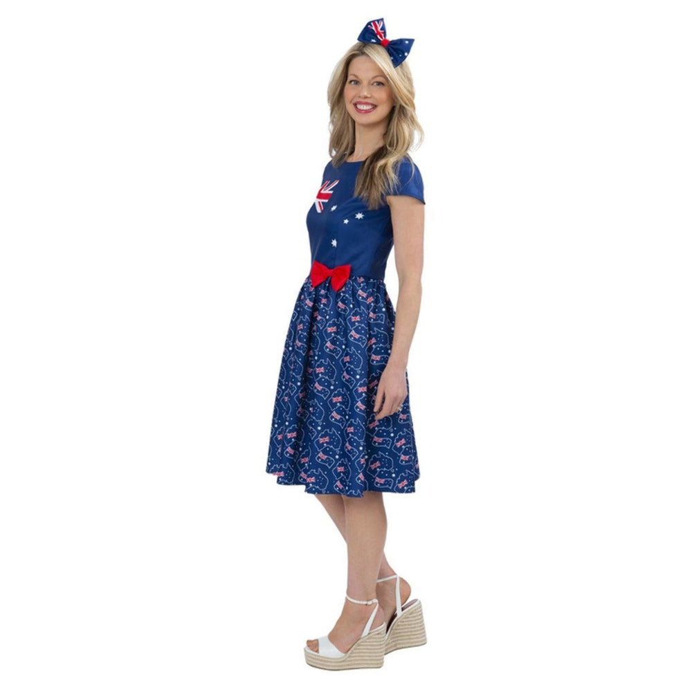 Women's patriotic Australia Flag Dress featuring a sleeveless design, scoop neckline, and an all-over flag print in vibrant colors