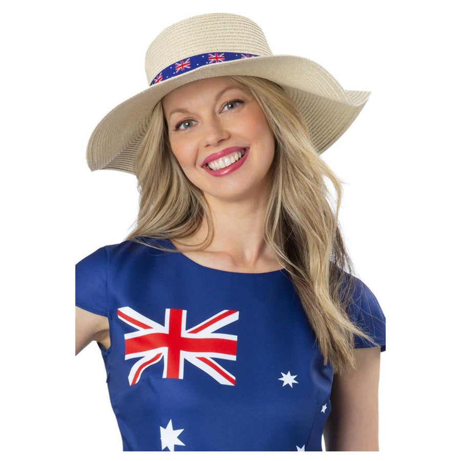 Beautiful straw sun hat in the design of Australian flag for ladies