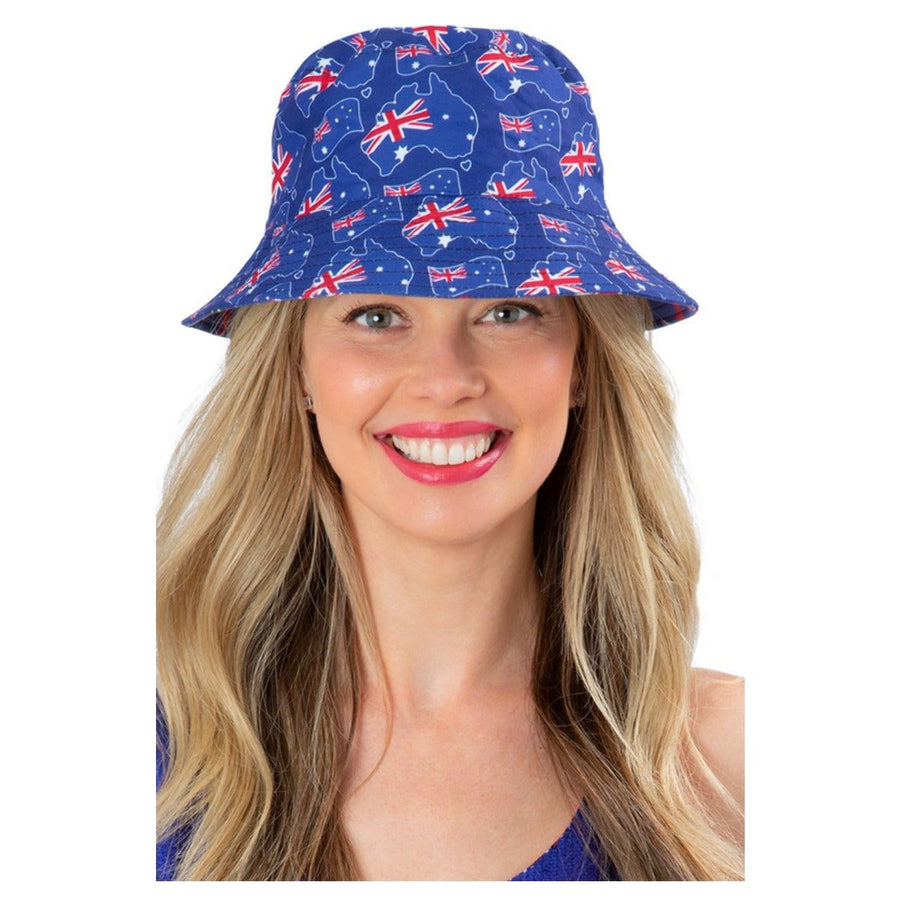 Reversible bucket hat with Australia flag print, perfect for outdoor activities