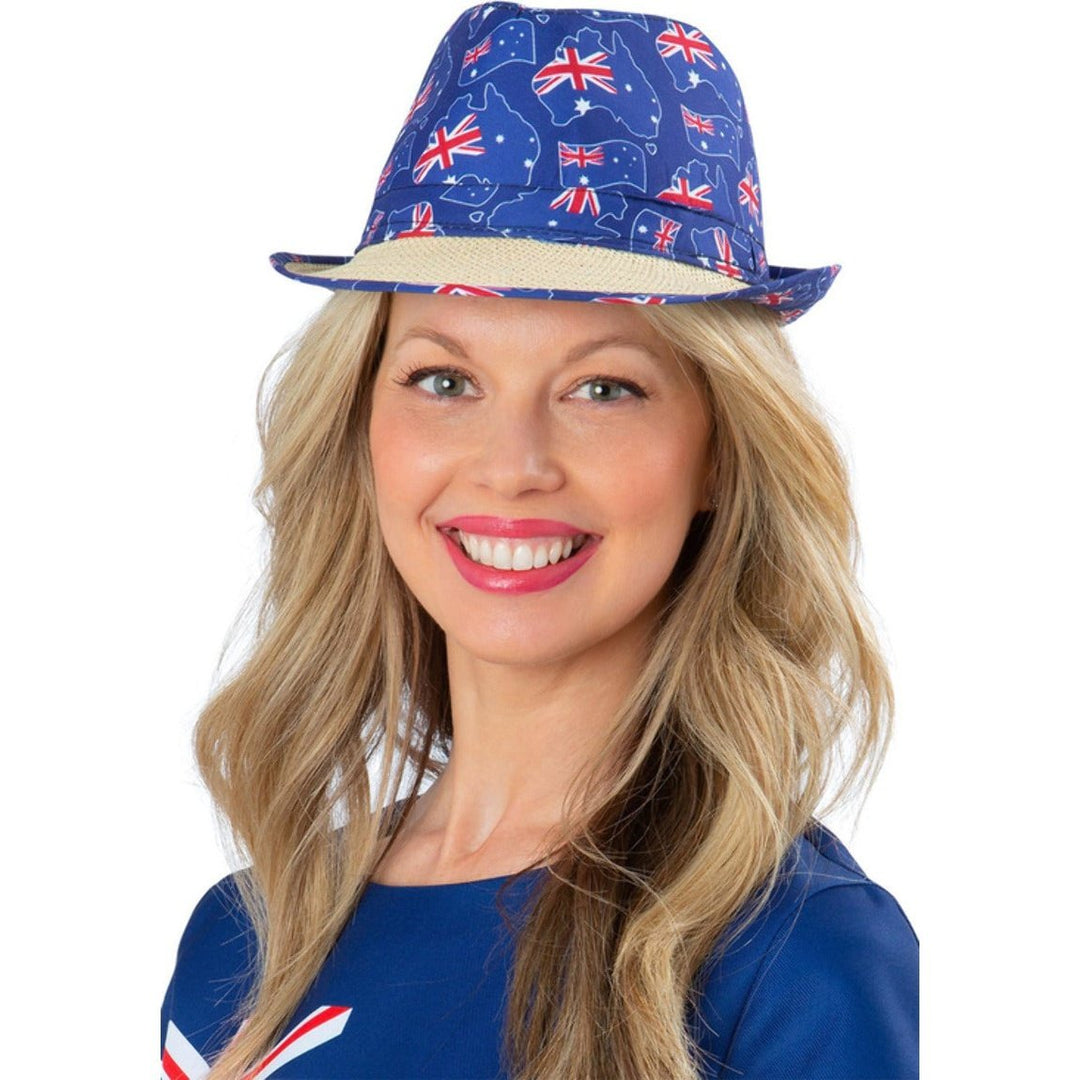 A stylish and trendy trilby hat featuring the iconic design of the Australian flag