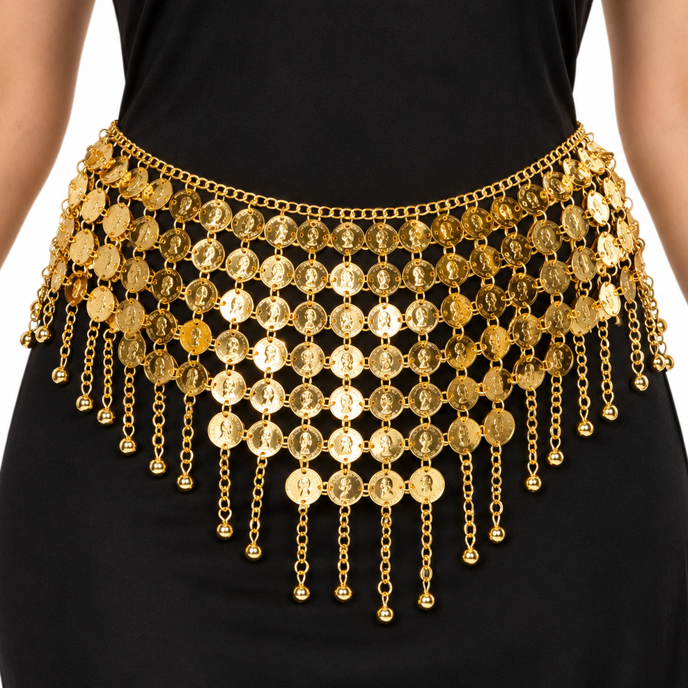 A gold coin belly dance belt with dangling chains and coin-shaped discs, worn over a black dress on a model.