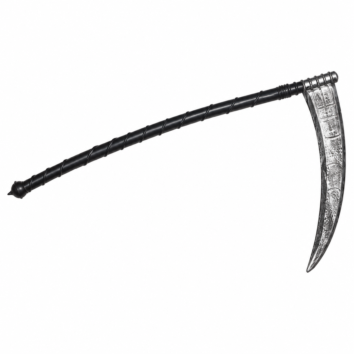 A toy or prop sickle with a textured black handle and a silver-gray blade featuring embossed details, shown against a plain white background.