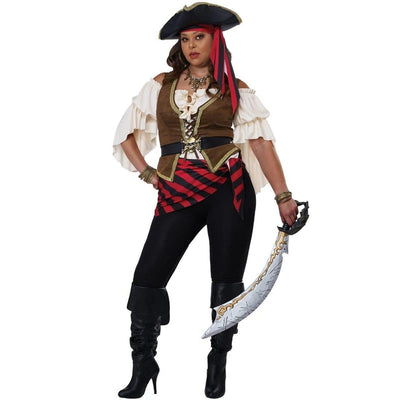 A woman modeling a pirate costume against a plain white background. The costume includes a black pirate hat with red and black hair, a brown vest, a white ruffled shirt, a red and black striped sash, black pants, and black high-heeled boots, while holding a toy cutlass.