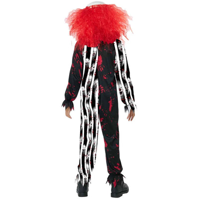 A child's Halloween clown costume shown from the back, featuring a black jumpsuit with white vertical claw-like stripes, red blood splatter details, a large fluffy red collar, and black shoes, photographed on a plain white background.