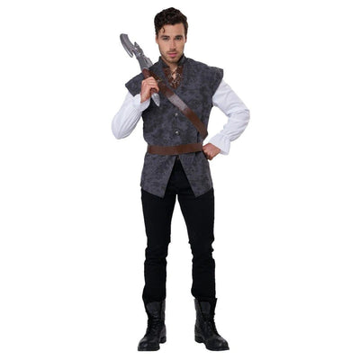 A man modeling a medieval knight costume against a plain white background. The costume includes a gray textured tunic with a brown crossbow across the chest, a brown belt, a white long-sleeve shirt, black pants, and black boots.