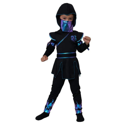 A child wearing a black ninja costume with blue and purple flame-like accents, a hood, and a matching face covering, standing against a plain white background.