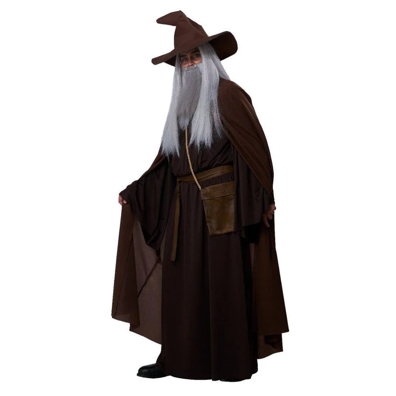 A wizard costume featuring a long brown robe, pointed brown hat, and a long white beard, modeled against a plain white background.