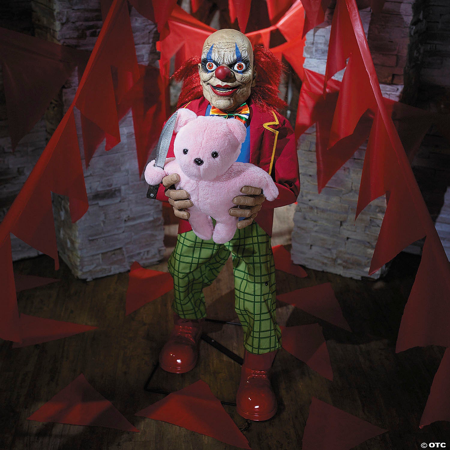 4 Ft. Animated Creepy Clown with Pink Bear Halloween Prop